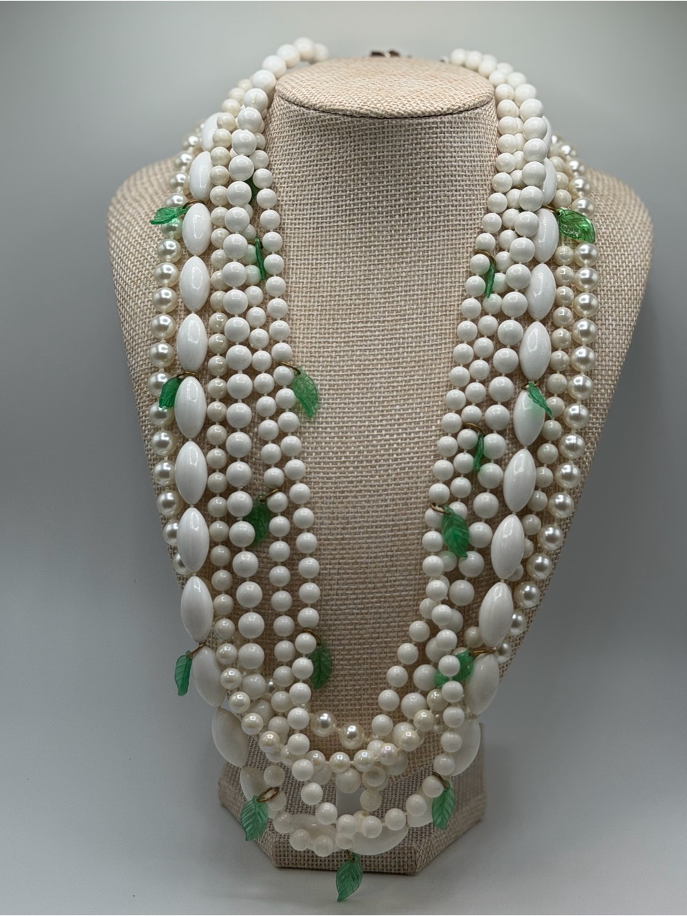 Vintage Multi-Strand White Pearl Necklace with Green Leaf Accents 24 in length